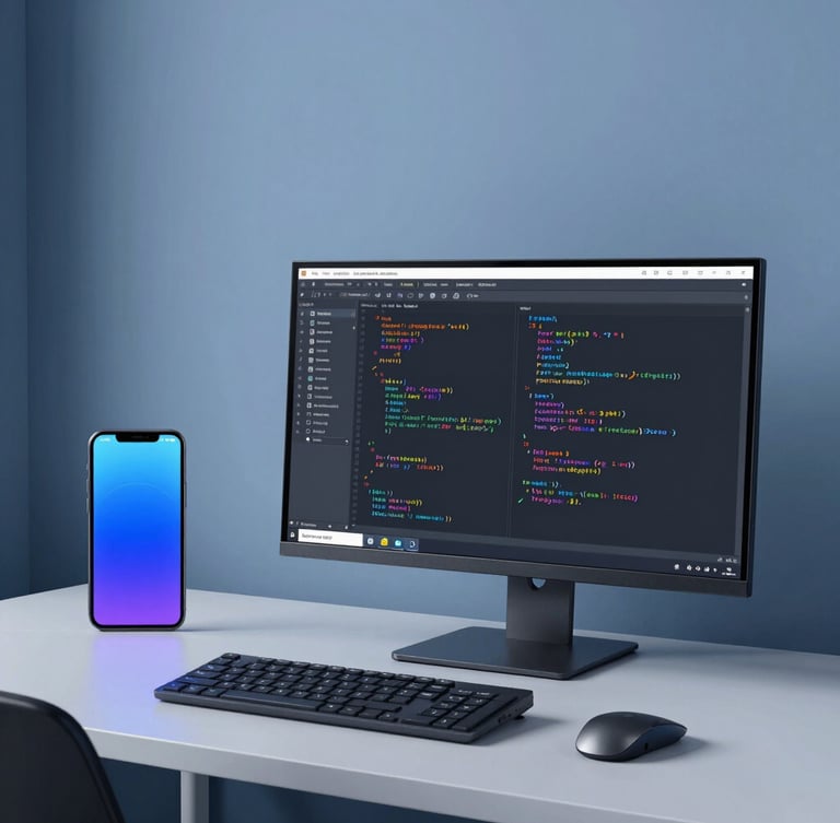 Minimalist modern development studio in Kyiv, cool blue studio lighting, developer analyzing clean code on a clean monitor, sharp focus, macro lens.