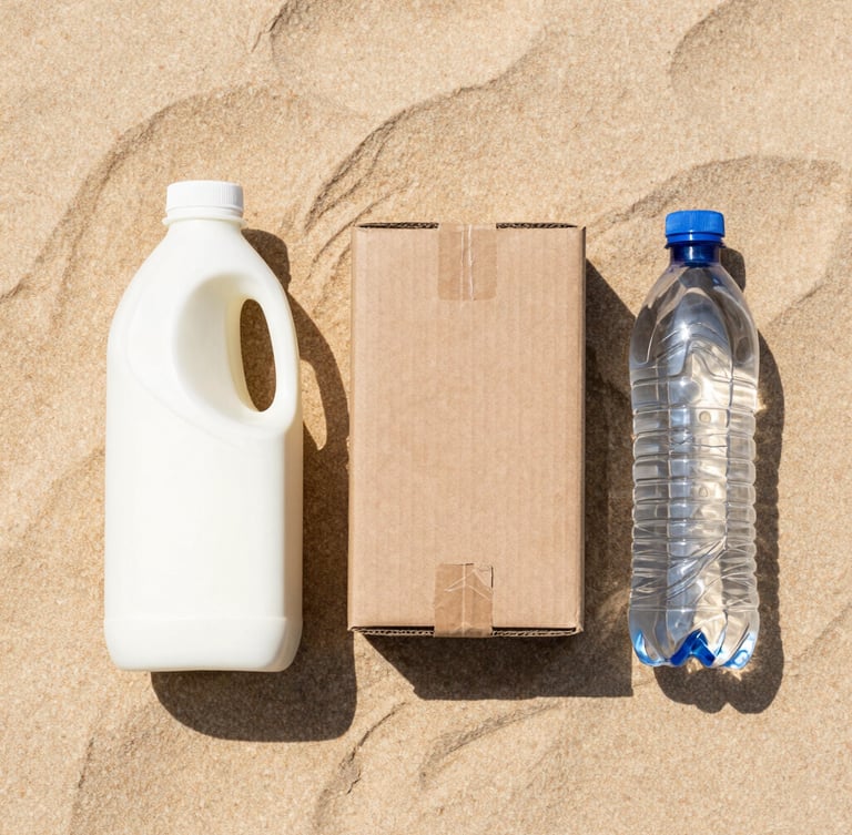 Top-down flatlay of clean household recyclables on a warm sand background, showing a milk jug, a clean cardboard box, and a plastic bottle, crisp daylight.