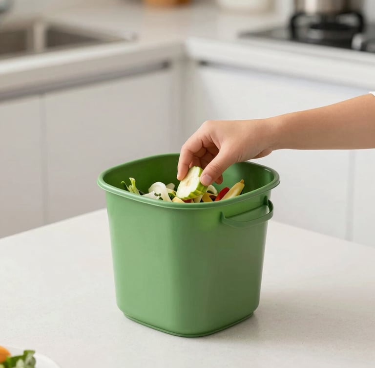 A bright, natural daylight shot of a child placing vegetable scraps into a small green kitchen compost bin on a clean kitchen counter.