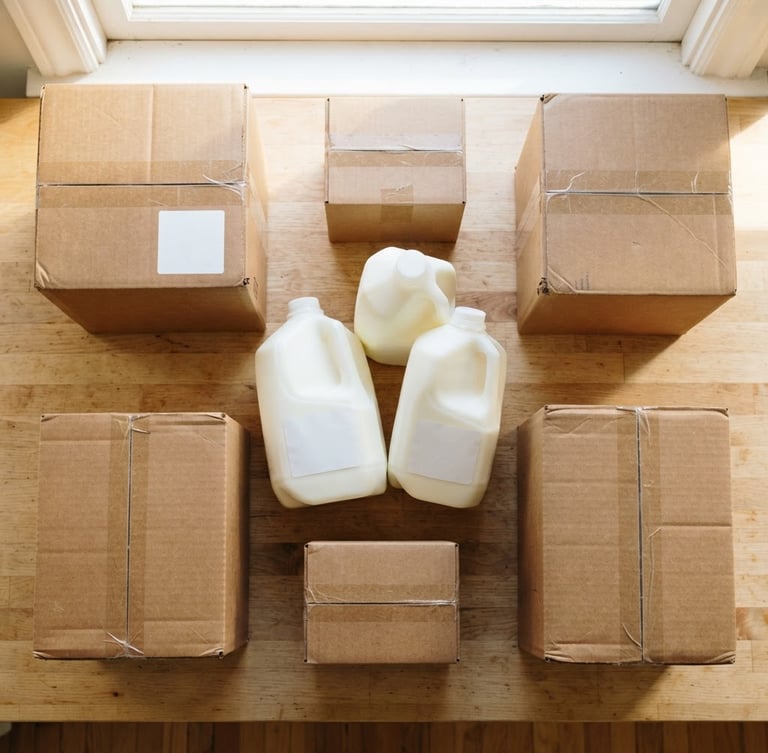 A bright flatlay of clean plastic milk jugs and cardboard boxes on a light surface, crisp morning sunlight, realistic colors