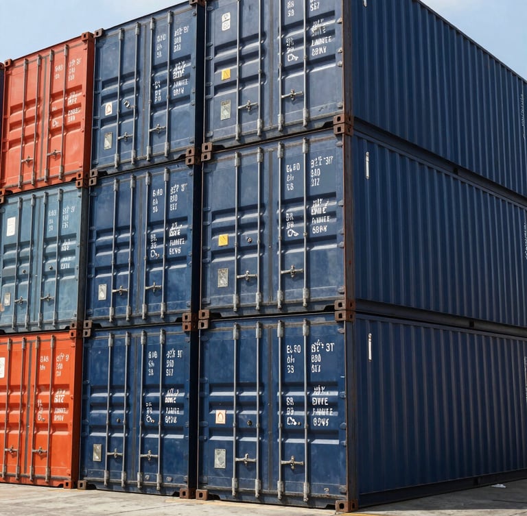 Low-angle architectural shot of stacked dark blue and orange shipping containers in a clean port depot under bright daylight, sharp focus