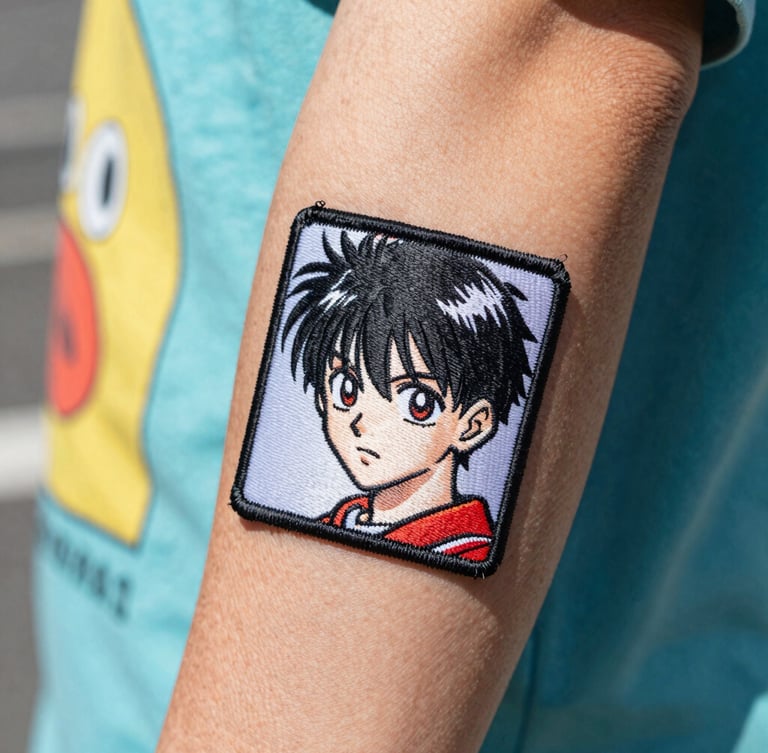 Extreme close-up of a crisp manga patch tattoo on a forearm, bright natural daylight, colorful streetwear background, 35mm