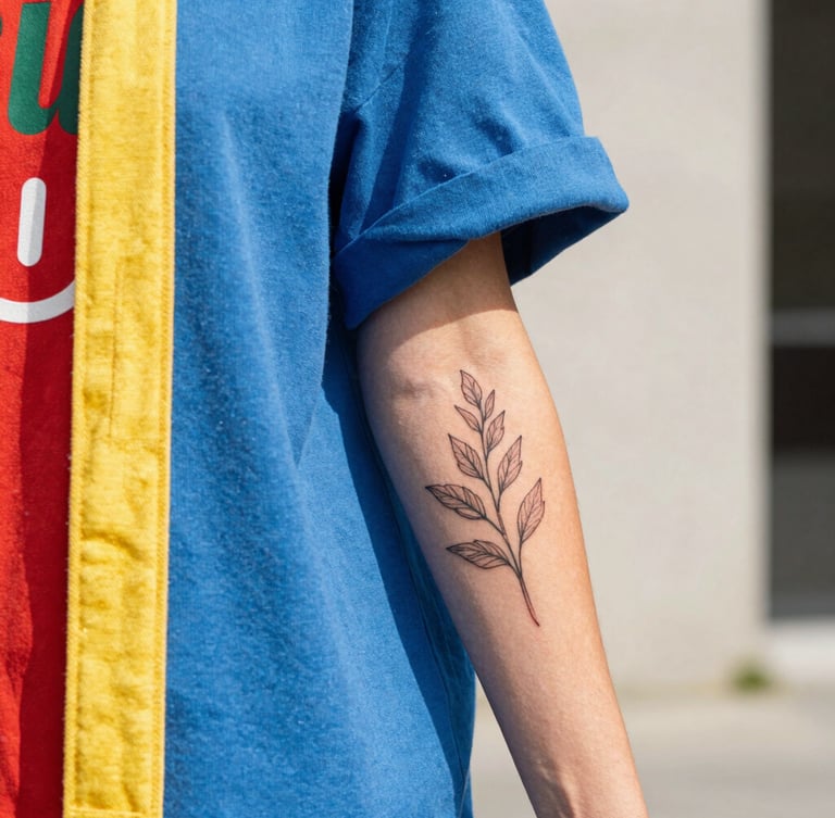 Vibrant lifestyle photo of a young person in colorful streetwear smiling, showing a fresh fineline botanical tattoo on their forearm, bright natural daylight, 35mm