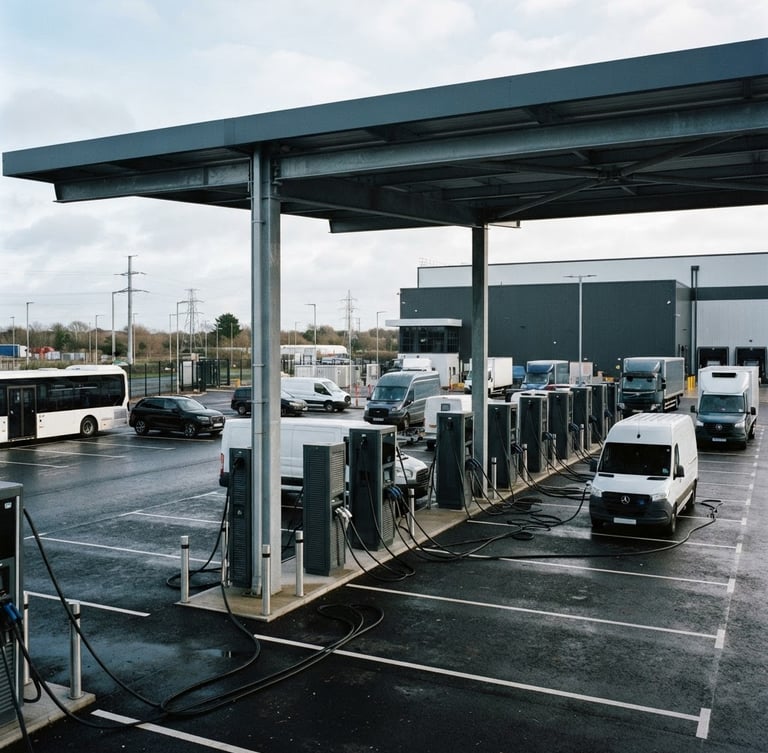 Wide architectural shot of a large-scale commercial EV charging hub under cool overcast daylight, heavy-duty cabling visible, deep slate grays and stark whites, 35mm.