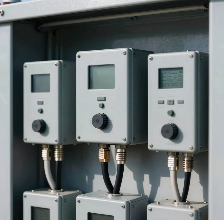 Tight macro portrait shot of industrial interfaces and heavy-duty cabling on a commercial battery storage unit, crisp high-contrast lighting, deep shadows, 35mm.