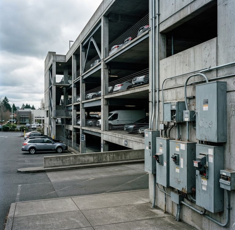 Wide architectural shot of a commercial parking structure under cool overcast daylight, heavy-duty electrical panels visible in the foreground, crisp high-contrast shadows, 35mm.