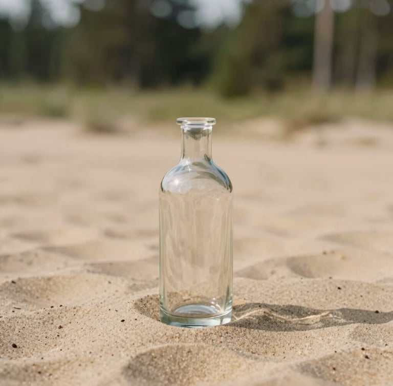 A minimalist elegant glass bottle casting soft shadows on a warm textured sand backdrop, Nordic forest elements softly blurred in the background, 35mm