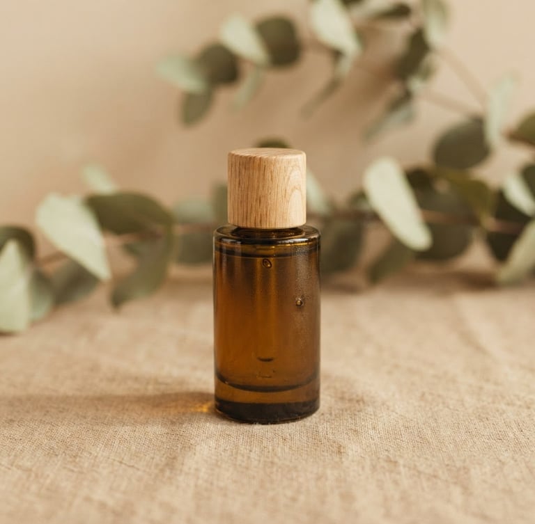 Minimalist warm editorial photograph of a premium glass bottle casting soft shadows on an earthy beige background with botanical details, soft diffused Nordic daylight