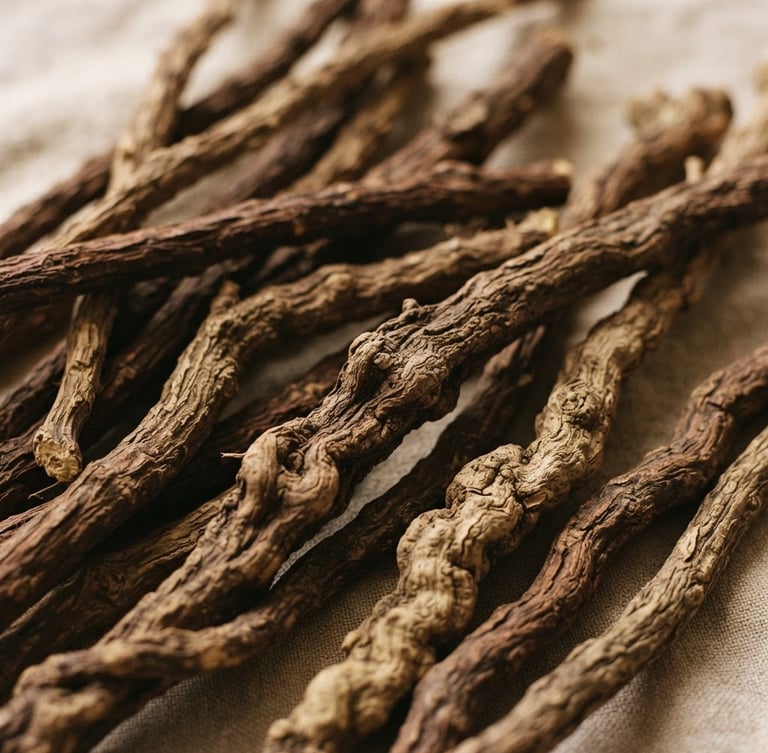 Warm editorial photography of raw textured licorice roots on a soft sand beige background, organic shadows, soft diffused Nordic daylight, 35mm