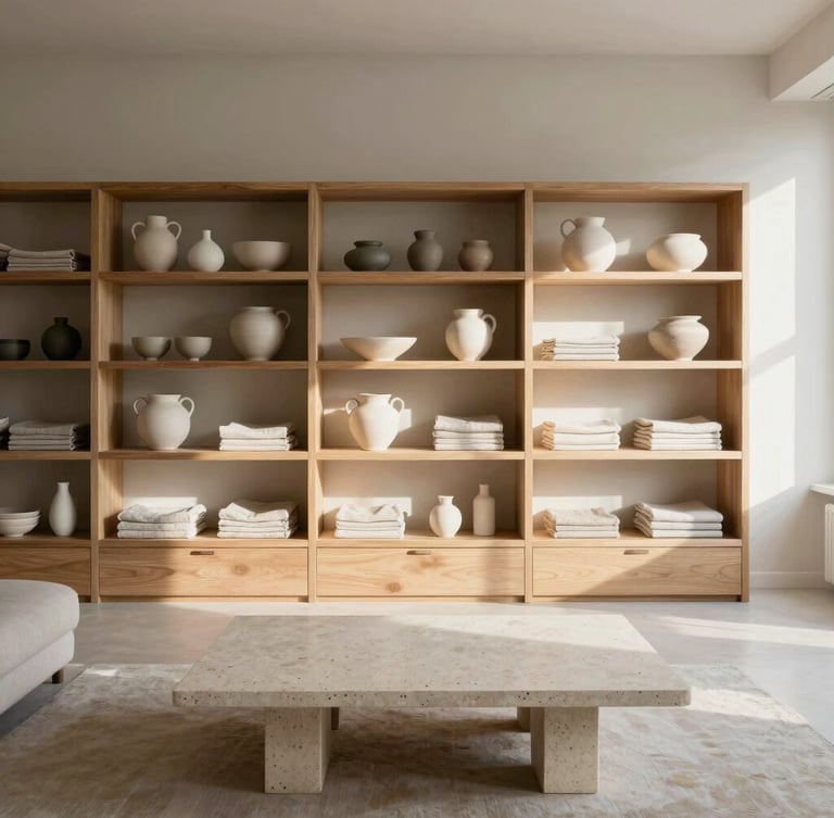 A wide, airy Scandinavian living space with soft morning light, light oak shelving holding handmade ceramic vessels and neatly folded linen, minimalist travertine coffee table, generous negative space.