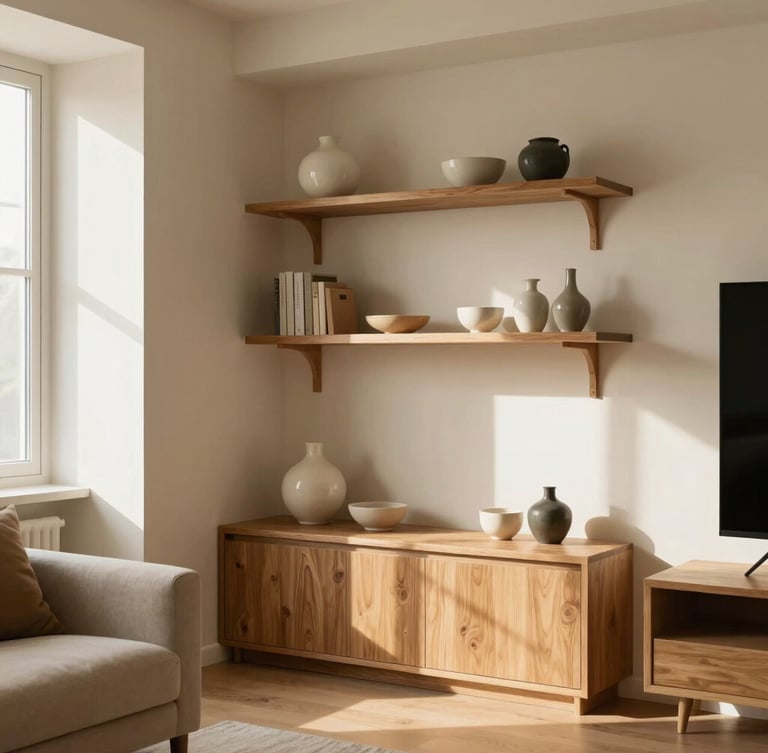 A beautifully styled small apartment living room nook, featuring warm cream walls, integrated wooden shelving with curated ceramics, and soft morning sunlight casting gentle shadows.