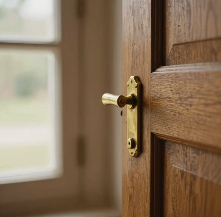 Close-up of authentic architectural details, worn brass door handle and solid wood grain of an old craftsman home, warm natural light, shallow depth of field