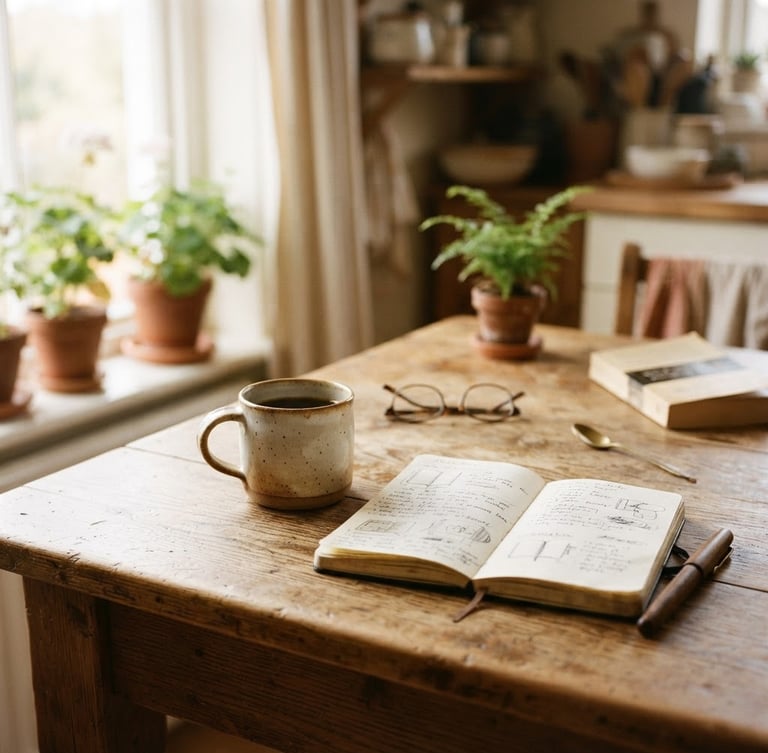 A quiet, un-staged photo of a sunlit wooden kitchen table with a ceramic mug and open documents, warm natural window light, soft shadow, authentic 35mm feel.