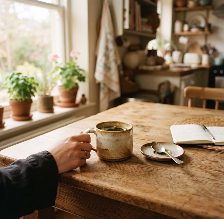 Warm natural window light illuminating a wooden kitchen table with a ceramic coffee mug, soft focus background showing lived-in home interior, authentic 35mm feel