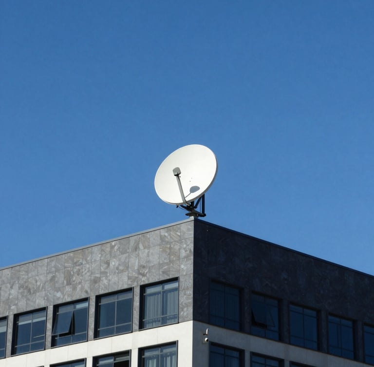 Wide-angle editorial shot of a Starlink antenna installed on a modern office roof in Maputo, bright natural daylight, clear sky, deep blue tones
