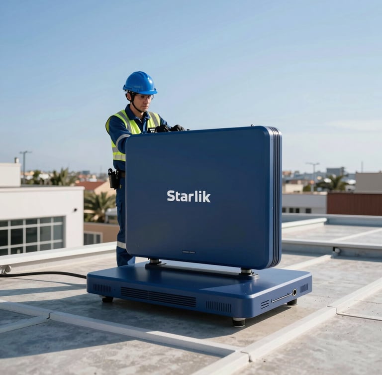 Professional network engineer in safety gear installing a Starlink enterprise receiver on an office roof in Maputo, bright natural daylight, crisp details, deep blue tones.