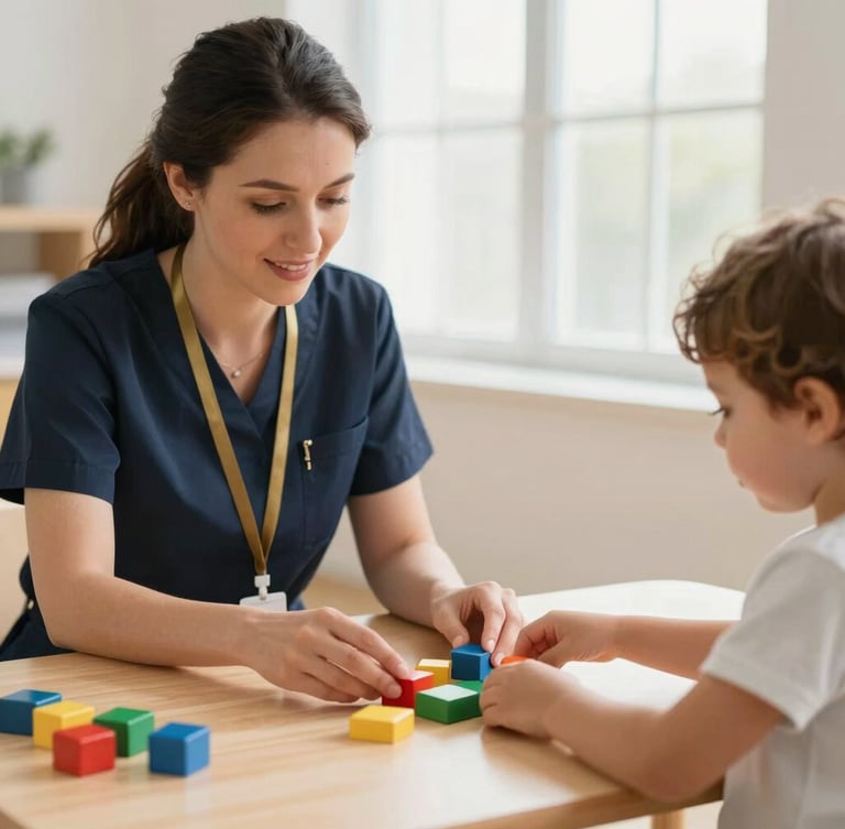 Warm editorial photography of a female speech therapist gently interacting with a young child, playing with colorful educational blocks on a light wood table, soft natural window light, shallow depth of field, 35mm.