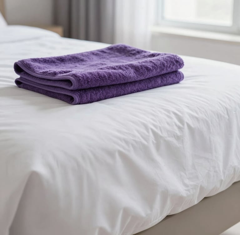 A close-up detail shot of a freshly styled bedroom, crisp white linens with sharp hospital corners, a folded purple towel resting on the bed, bright natural daylight streaming through a window, 35mm.