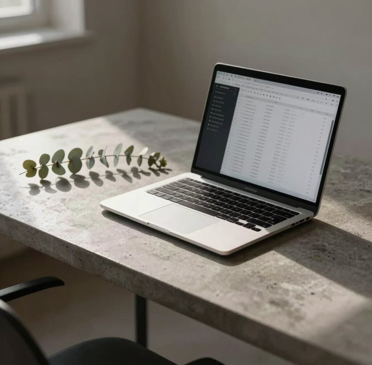 Soft natural daylight reflecting off a minimalist concrete desk, a sleek laptop showing clean spreadsheets, eucalyptus leaves casting subtle shadows, 35mm architectural style