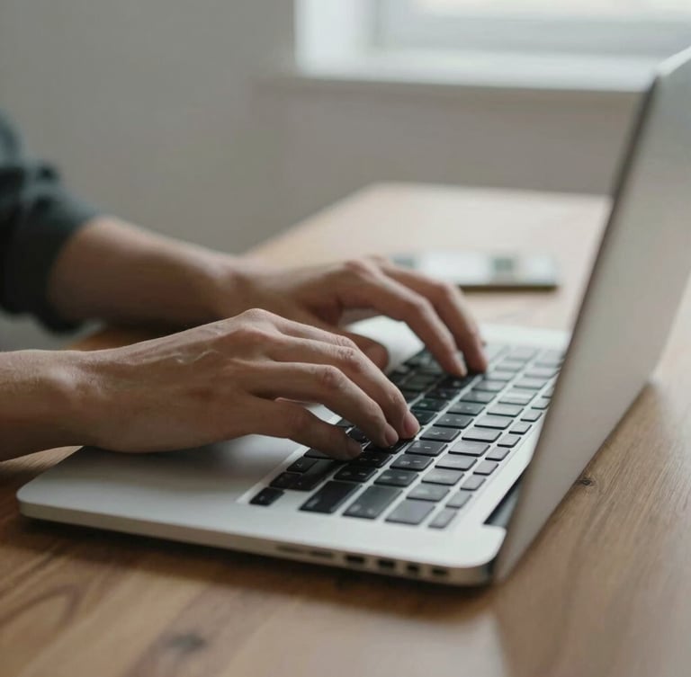 Close-up of hands typing on a sleek laptop on an organized wooden desk, soft natural daylight, minimalist aesthetic