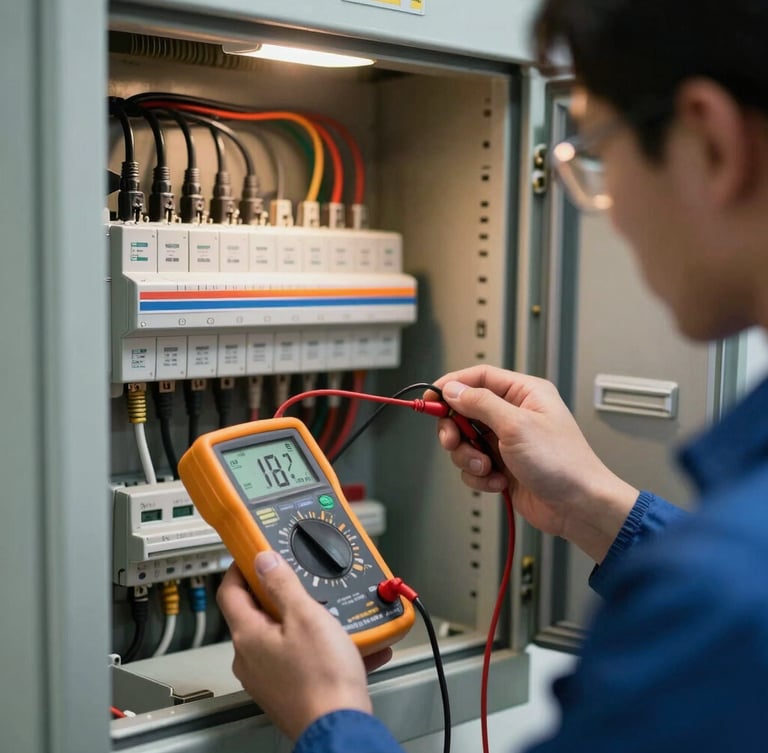 A technician using a digital multimeter and thermal imaging screen to inspect a clean residential electrical panel under bright work lights.