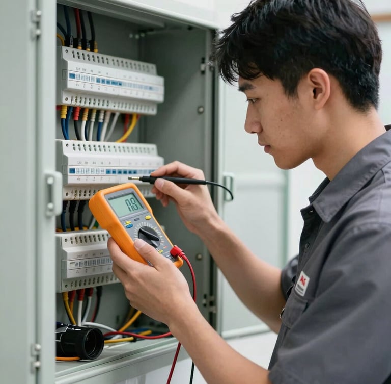 A professional technician in a clean, branded uniform using a digital multimeter to test a modern, perfectly routed electrical panel, bright natural daylight.