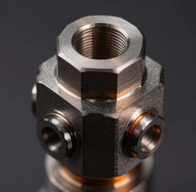 Macro close-up of a high-precision CNC machined aluminum mechanical joint, clean wireframe overlays, dark studio lighting with orange highlights