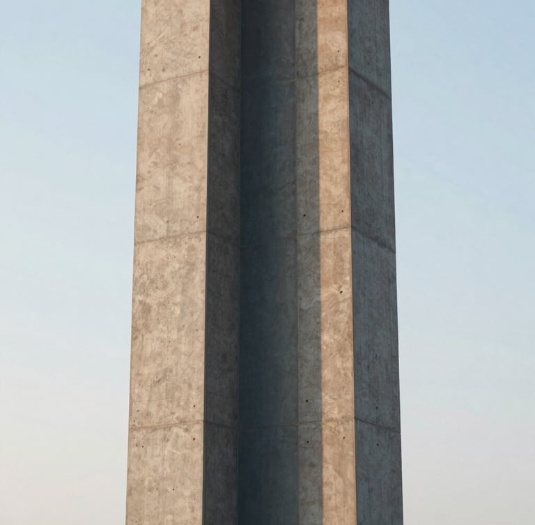 Close-up texture of a modern concrete and steel structural column, soft late-afternoon sun, linear perspective, medium format