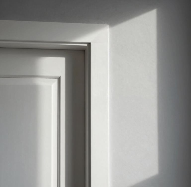 Straight-on architectural shot of a freshly painted white door frame meeting clean grey drywall, natural morning light casting soft shadows, crisp clean lines.