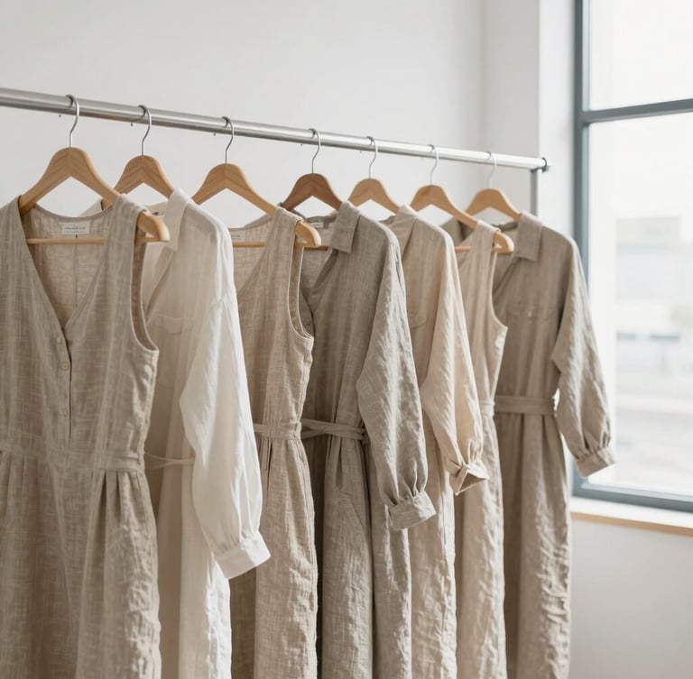A clean, bright garment workshop. Minimalist racks with finished neutral-toned women's linen dresses hanging in perfect alignment. Soft natural light coming from a large window on the right.
