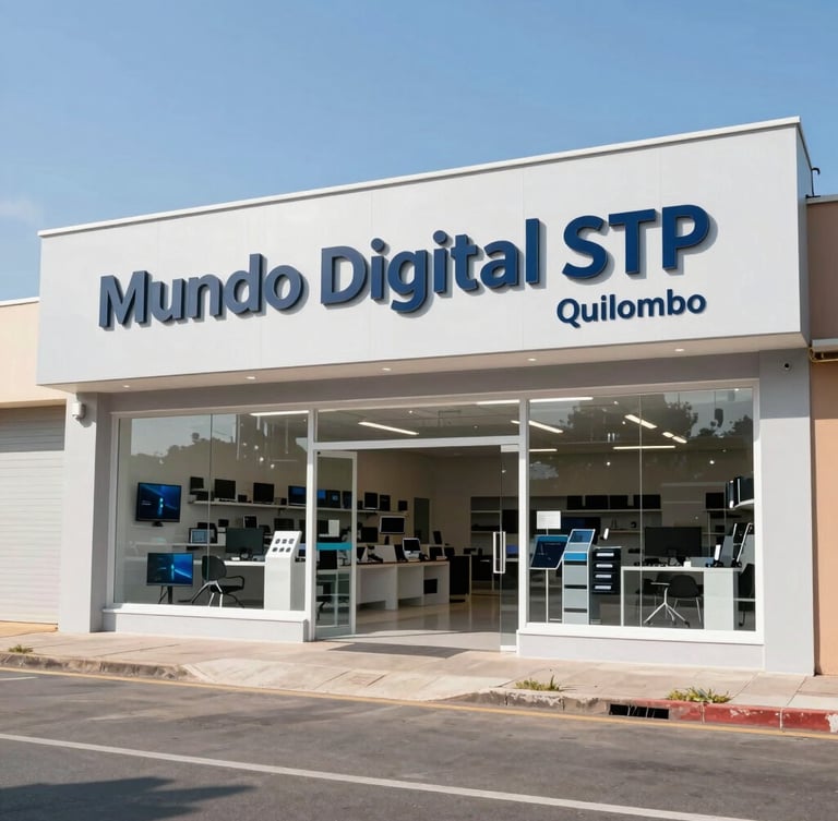 Wide-angle outdoor photography of Mundo Digital STP physical storefront in Quilombo, bright daylight, clear signage, welcoming entrance