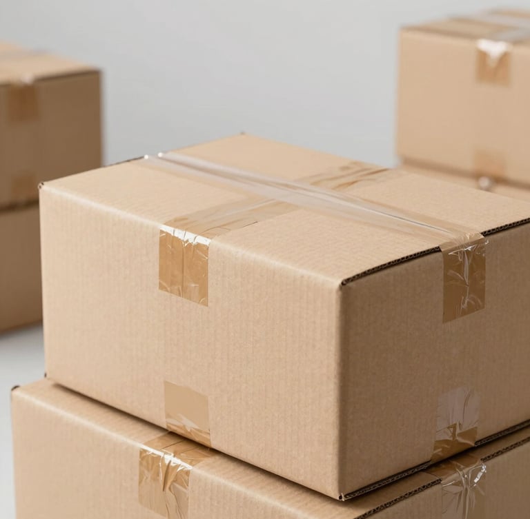 Close-up of neatly taped brown cardboard shipping boxes arriving at a modern store, soft natural light, professional tech editorial style