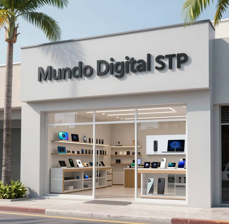 Bright daylight photograph of the Mundo Digital STP physical storefront in Quilombo, professional tech retail entrance, clean light-grey walls, tropical light