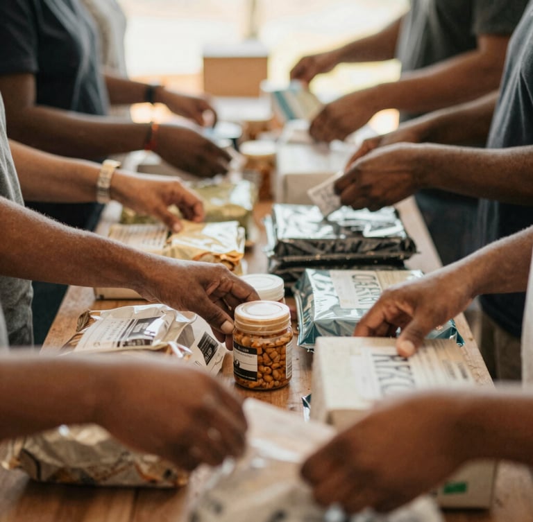 Candid mid-shot of diverse hands sorting donated items at a community pantry, natural daylight, shallow depth of field, warm documentary photography.