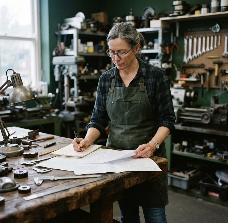 Medium shot of a focused independent workshop owner reviewing documents on a timber workbench, natural cool daylight, crisp deep green tones, 35mm