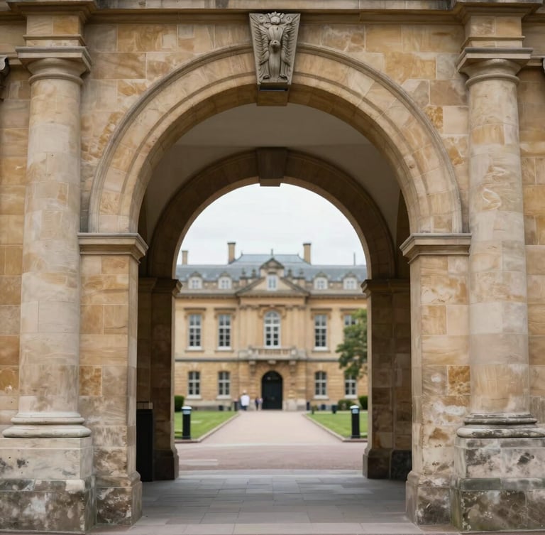 Medium-close architectural portrait of a historic European university stone archway, soft overcast daylight, shallow depth of field, clean composition.