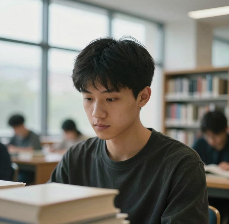 Close-up of a focused student in a modern European library setting, natural overcast daylight filtering through large windows, soft background depth of field.