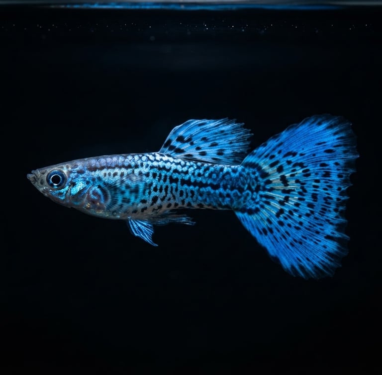 Macro side-profile shot of a male Blue Grass guppy, dramatic overhead LED lighting, deep black background, vibrant iridescent blue and dark spots, tack-sharp focus