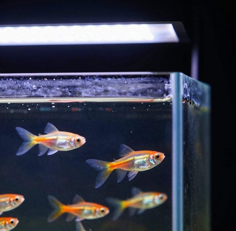 Close-up of clean breeding tanks with black backgrounds, high-intensity overhead LED aquarium lights casting sharp highlights on pristine water