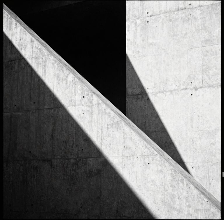 High-contrast editorial photography of a brutalist concrete structure, hard diagonal shadows cutting across the clean surface, desaturated black and white, 35mm film grain