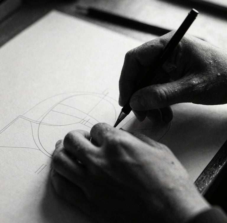 Raw close-up of hands working on physical design prototypes, harsh directional light, deep shadows, desaturated black and white