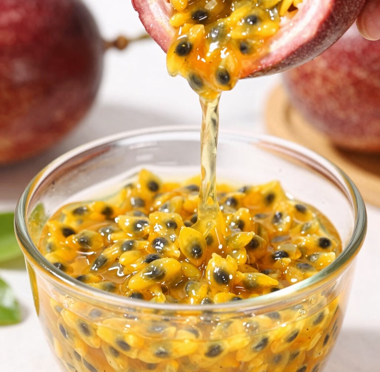Close-up of vibrant yellow passion fruit pulp being poured into a clean glass container, bright natural daylight, sharp focus on the glossy texture, professional food styling.