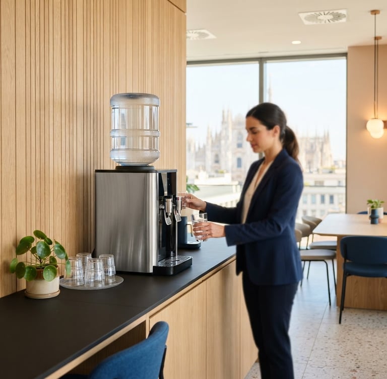 A modern, sunlit corporate breakroom in Milan, a sleek water dispenser stands against a minimalist oak wall, a professional employee in the background filling a glass, bright natural daylight.