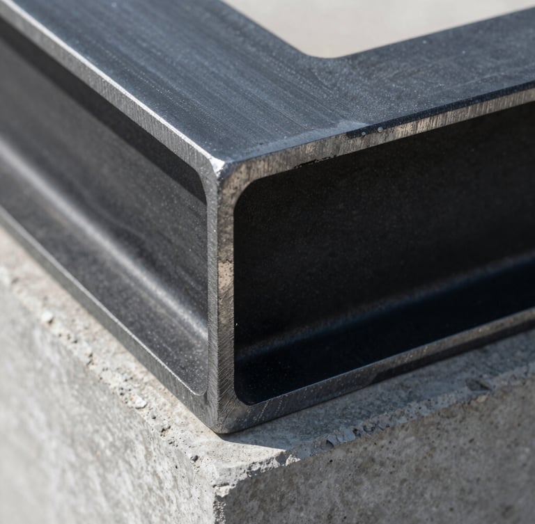 Macro detail of a black steel I-beam perfectly embedded into raw grey concrete, crisp noon light highlighting the texture.