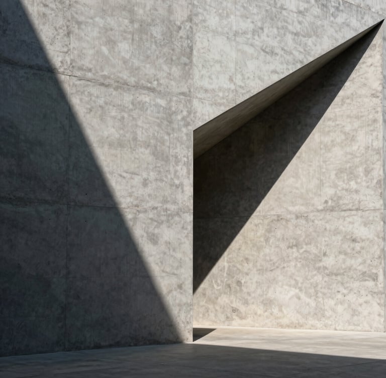 Monolithic concrete facade with sharp geometric shadows under harsh sunlight, single point perspective