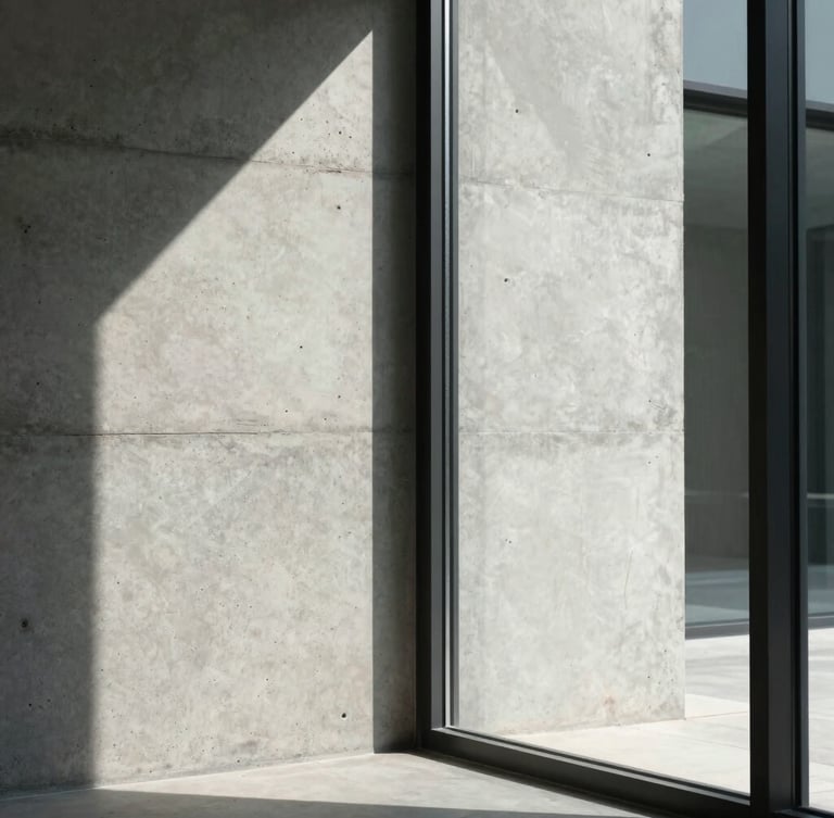 Vertical portrait of a raw concrete wall meeting a floor-to-ceiling glass panel, sharp shadow lines, minimalist construction detail