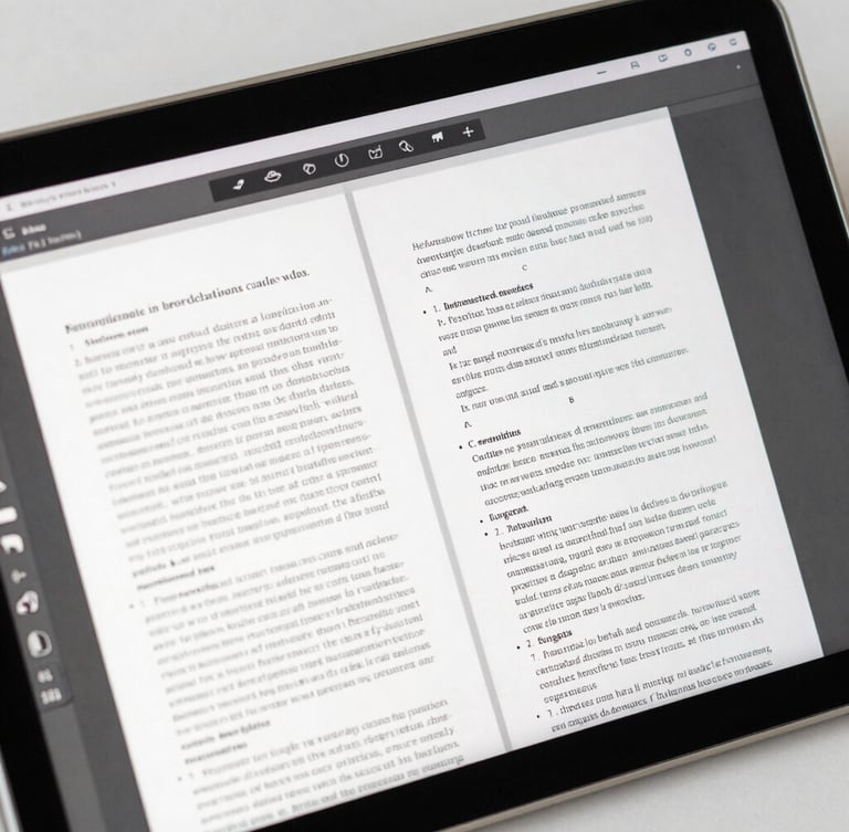 A close-up of a digital publishing interface on a screen, clean editorial photography, bright natural daylight, showing structured scientific manuscript text and editing tools