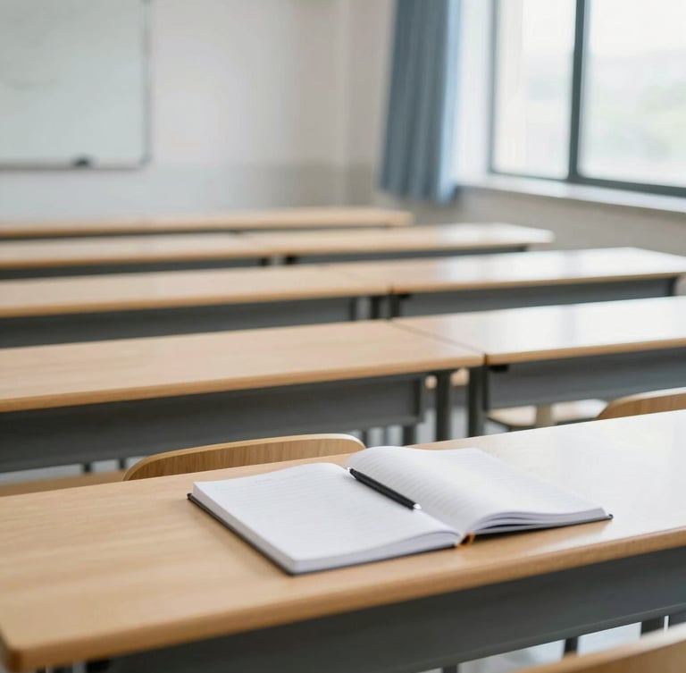 A clean environmental shot of a modern university seminar room, bright natural daylight, cool desaturated tones, sharp focus, empty wooden tables with notebooks