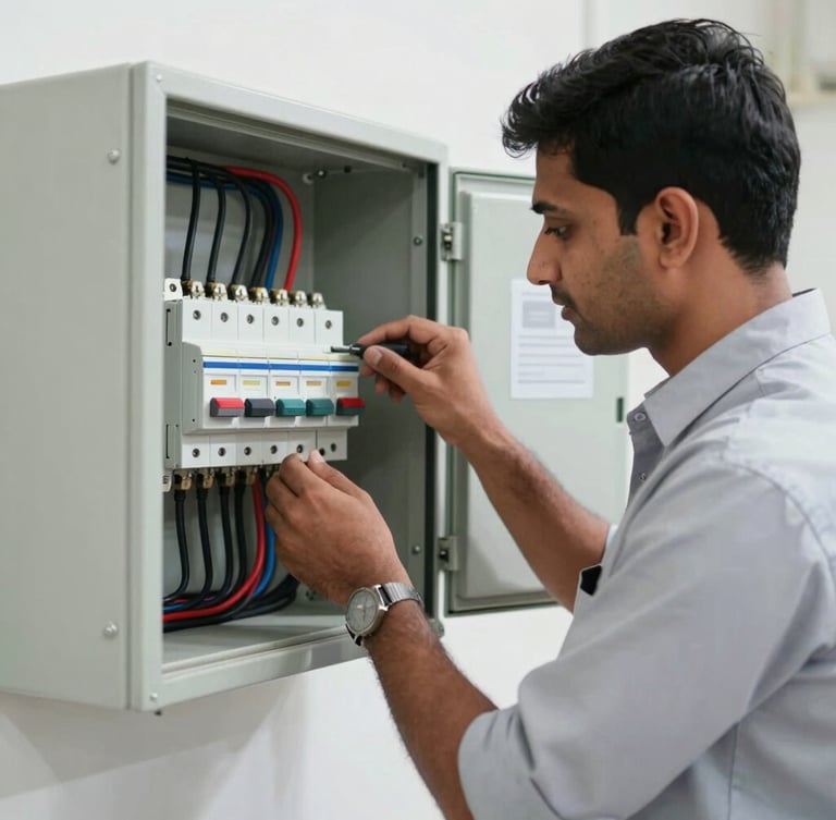 A clean-cut technician in a professional uniform working on an electrical breaker panel inside a well-lit Pakistani office, sharp focus, utility lighting