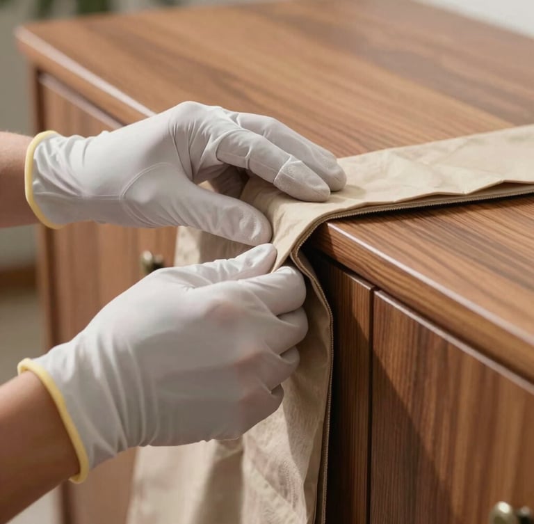 A close-up of gloved hands carefully wrapping the polished wooden edge of a designer cabinet with thick, protective padded fabric, bright natural daylight.
